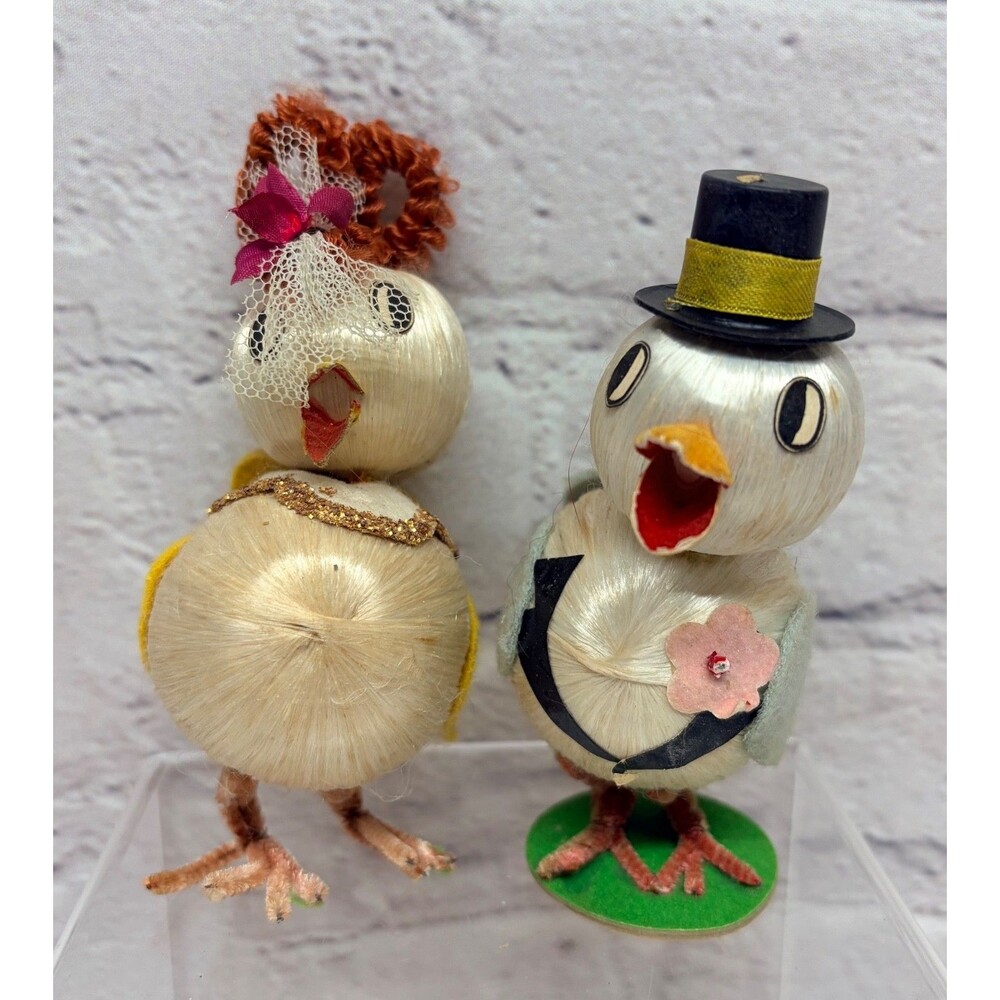 Vtg  Satin Ball Easter Chicks Birds Bride and Groom Cute Couple  Kitschy Japan